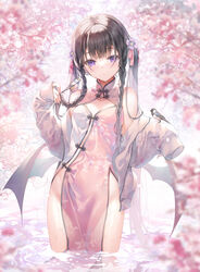  :o animal bare_shoulders bird black_hair braid breasts cherry_blossoms china_dress chinese_clothes cleavage_cutout clothing_cutout dress female flower hair_flower hair_ornament hand_in_own_hair hands_up highres holding holding_own_hair hummingbird jacket long_hair long_sleeves looking_at_viewer low_wings miwabe_sakura no_bra no_panties off_shoulder open_clothes open_jacket original parted_lips pelvic_curtain pink_dress pink_thighhighs purple_eyes revealing_clothes sleeveless sleeveless_dress sleeves_past_wrists small_breasts solo standing thighhighs thighs twin_braids twintails very_long_hair wading water wet wet_jacket white_jacket wings 