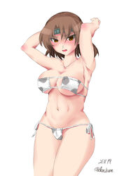  animal_print bikini breasts brown_eyes brown_hair chiyoda_(kancolle) cow_print cow_print_bikini cowboy_shot cropped_legs dated eyepatch_bikini female headband kantai_collection large_breasts looking_at_viewer medium_hair oden_karei one-hour_drawing_challenge print_bikini side-tie_bikini_bottom simple_background solo swimsuit twitter_username white_background white_bikini 