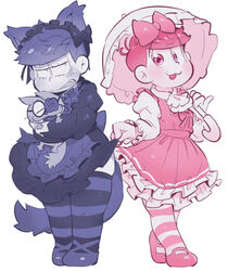  2boys :3 animal animal_ears ascot blush brothers cat_boy cat_ears cat_tail clenched_teeth clothes_lift commentary_request crossdressing esper_nyanko feline flower_eyepatch frilled_headwear frilled_umbrella frills gothic_lolita holding holding_animal holding_cat holding_umbrella juliet_sleeves lolita_fashion long_sleeves maid_headdress male_focus matsuno_ichimatsu matsuno_todomatsu multiple_boys osomatsu-san osomatsu_(series) parasol pink_theme pinky_out plump puffy_sleeves purple_theme sanjiro_(tenshin_anman) siblings skirt skirt_lift striped_clothes striped_thighhighs sweet_lolita tail teeth thick_thighs thighhighs thighs umbrella white_background 