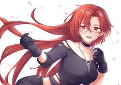  :d absurdres altheavin black_choker black_gloves black_shirt blush breasts caduceus cherry_blossoms choker collarbone falling_petals female floating_hair glasses gloves hair_between_eyes hair_intakes highres jewelry labyrista_(princess_connect!) labyrista_(real)_(princess_connect!) long_hair necklace off-shoulder_shirt off_shoulder open_mouth petals princess_connect! red_eyes red_hair semi-rimless_eyewear shirt smile solo torn_clothes torn_shirt under-rim_eyewear very_long_hair white_background 