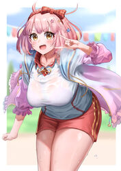  absurdres blush bow bow_hairband bra bra_visible_through_clothes bralines breasts chieru_(princess_connect!) chieru_(school_festival)_(princess_connect!) collared_shirt female gradient_jacket gym_shorts gym_uniform hair_between_eyes hair_ornament hairband highres jacket large_breasts looking_at_viewer ooeyama open_clothes open_jacket open_mouth pink_hair plaid plaid_bow plaid_collar princess_connect! red_bow red_shorts see-through shirt short_hair shorts solo star_(symbol) star_hair_ornament star_in_eye sweat symbol_in_eye thighs underwear wet wet_clothes wet_shirt yellow_eyes 