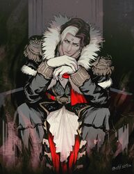  1boy belt black_coat brown_hair coat elbows_on_knees emet-selch epaulettes feet_out_of_frame final_fantasy final_fantasy_xiv fringe_trim fur-trimmed_coat fur_trim garlean gloves looking_to_the_side male_focus multicolored_hair setsu-st short_hair signature sitting solo streaked_hair third_eye twitter_username white_gloves white_hair yellow_eyes 