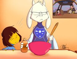  ambiguous_gender anthro artist_name baking biped black_text blue_clothing blue_sweater blue_topwear boss_monster_(undertale) bottle bovid bowl breasts caprine closed_eyes clothed clothing colored container countertop cutlery delta_rune_(emblem) digital_drawing_(artwork) digital_media_(artwork) disney dress duo_focus eyelashes eyes_always_closed female female_anthro fingers frisk_(undertale) front_view fur goat goof_troop goofy_(disney) group hair half-length_portrait hi_res holding_bottle holding_container holding_object horn human kitchen_utensils long_ears male mammal mature_anthro mature_female max_goof monster mouth_closed orange_background portrait purple_clothing purple_dress redraw reference_image signature silentjack simple_background spoon standing sweater symbol text tools topwear toriel undertale undertale_(series) upset white_body white_fur yellow_body yellow_skin 