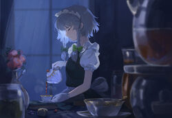  apron beads black_tea blurry bow braid breedo chinese_commentary closed_eyes commentary cup curtains depth_of_field eyelashes female flower from_side gloves green_bow grey_hair hairbow highres holding holding_teapot indoors izayoi_sakuya jar maid_headdress night pouring profile puffy_short_sleeves puffy_sleeves saucer short_hair short_hair_with_long_locks short_sleeves side_braid smile solo steam table tea teacup teapot touhou touhou_lost_branch_of_legend twin_braids upper_body vase waist_apron white_apron white_gloves window 