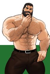  1boy abs bara beard bernard_(lustful_desires) chest_hair commentary dopey_(dopq) facial_hair hairy highres large_pectorals lustful_desires male_focus mature_male muscular muscular_male navel nipples pectorals smile solo stomach topless_male 