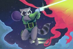  3:2 anthro arm_tuft belt belt_buckle blaster blue_eyes bodysuit boots buckle clothing digital_drawing_(artwork) digital_media_(artwork) elbow_tuft explosion footwear fur gloves grimace guardians_of_the_galaxy handwear hi_res holster laser leotard male mammal marvel procyonid raccoon rocket_boots rocket_raccoon skinsuit solo space spectral-bat star teeth_showing tight_clothing tuft waist_belt 