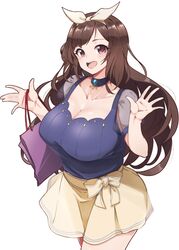  bag bow_hairband breasts brooch brown_hair choker cleavage commentary_request female fon_(96nokimihito) hair_ribbon hairband highres idolmaster idolmaster_shiny_colors jewelry large_breasts long_hair looking_at_viewer miniskirt open_hands pink_eyes puffy_short_sleeves puffy_sleeves ribbon see-through see-through_sleeves short_sleeves skirt solo tote_bag tsukioka_kogane white_background white_hairband yellow_skirt 