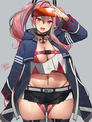  azur_lane belt bikini bikini_under_clothes black_shorts blue_jacket blush breasts bremerton_(azur_lane) choker cleavage collarbone commentary crop_top crop_top_overhang female goggles goggles_on_head highres jacket large_breasts long_hair long_sleeves looking_at_viewer multicolored_hair navel navel_piercing oekakizuki open_clothes open_jacket open_mouth piercing pink_bikini pink_eyes pink_hair short_shorts shorts smile solo standing streaked_hair swimsuit thick_thighs thighhighs thighs twintails wide_hips 