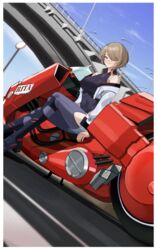  absurdres akira_(manga) bare_shoulders blue_sky boots border breasts brown_hair closed_mouth cloud cloudy_sky cosplay cyberpunk_(series) cyberpunk_edgerunners female haerge hair_over_one_eye highres highway honkai_(series) honkai_impact_3rd jacket kaneda_shoutarou&#039;s_bike leotard looking_at_viewer lucy_(cyberpunk) lucy_(cyberpunk)_(cosplay) motor_vehicle motorcycle open_clothes open_jacket outdoors pants purple_eyes purple_footwear purple_leotard purple_pants rita_rossweisse short_hair sitting sky solo white_border white_jacket 