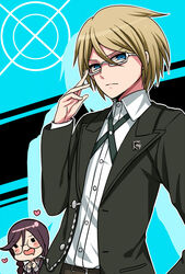  1boy adjusting_eyewear belt bespectacled black_background black_shirt blonde_hair blue_background blue_eyes blush brown_hair brown_pants chibi closed_eyes closed_mouth collared_shirt commentary_request cross_tie danganronpa:_trigger_happy_havoc danganronpa_(series) dress_shirt female fukawa_toko glasses hair_between_eyes hand_up heart jacket looking_at_viewer male_focus necktie nico_(nico_alice) open_clothes open_jacket open_mouth pants red-framed_eyewear rimless_eyewear round_eyewear semi-rimless_eyewear shirt short_hair smile togami_byakuya under-rim_eyewear upper_body white_shirt 