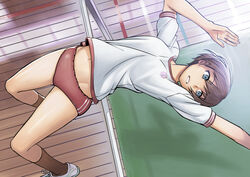  arched_back blue_eyes brown_hair buruma commentary_request female gym_uniform high_jump hip_bones inu_(aerodog) midriff navel original red_buruma short_hair solo track_and_field 