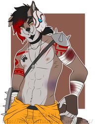  abs anthro bandage better_version_at_source blood blood_on_bandage bodily_fluids bruised canid canine clothed clothing dtalvi hi_res jewelry looking_at_viewer male mammal mask necklace nipples smile solo standing tattoo topless 