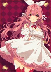  argyle_background atelier_live blush braid breasts commentary commission detached_sleeves dress english_commentary female frilled_dress frills hair_between_eyes hair_ribbon highres juliet_sleeves long_sleeves looking_at_viewer mamyouda parted_lips pinku_(vtuber) puffy_sleeves red_background red_eyes red_hair red_thighhighs ribbon sleeveless sleeveless_dress sleeves_past_fingers sleeves_past_wrists small_breasts solo thighhighs virtual_youtuber white_dress white_ribbon wide_sleeves 