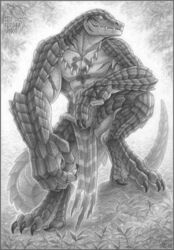  2022 4_toes 5_fingers artist_logo bottomwear clothing crocodilian crouching dated feet fingers graphite_(artwork) hi_res jewelry lizardman lizardman_(overlord) logo loincloth looking_forward male markings missing_finger monochrome necklace outside overlord_(series) pencil_(artwork) plant reptile scalie scar signature tail thetundraghost toes traditional_media_(artwork) tribal tribal_markings zenberu_gugu 