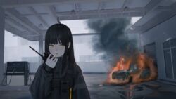  absurdres ammunition_pouch black_hair black_jacket building burning car cr_iws_t_72 female fire fog gas_station highres holding holding_walkie-talkie jacket long_hair looking_away motor_vehicle open_mouth original pouch smoke solo vest walkie-talkie yellow_eyes 