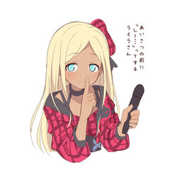  bad_id bad_pixiv_id beret blonde_hair blue_eyes closed_mouth commentary cropped_jacket dark-skinned_female dark_skin female hat holding holding_microphone idolmaster idolmaster_cinderella_girls jacket layla_(idolmaster) long_hair long_sleeves microphone open_clothes open_jacket parted_bangs puffy_long_sleeves puffy_sleeves red_hat red_jacket simple_background smile solo translation_request uccow white_background 