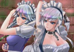  2girls azur_lane belfast_(azur_lane) blue_eyes braid breasts brick_wall broken broken_chain chains choker cleavage commentary_request french_braid gloves grey_hair holding holding_knife holding_shell izayoi_sakuya knife large_breasts long_hair look-alike maid maid_headdress medium_breasts multiple_girls puffy_short_sleeves puffy_sleeves shell short_sleeves tadauoqui touhou trait_connection upper_body 