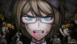  1boy alternate_universe artist_name blonde_hair blood blood_from_mouth broken_eyewear bruise clenched_teeth commentary_request danganronpa:_trigger_happy_havoc danganronpa_(series) glasses grey_background hat injury komatsuzaki_rui_(style) looking_at_viewer male_focus monokuma newspaper official_style pink_blood school_hat semi-rimless_eyewear short_hair solo_focus stuffed_animal stuffed_toy teeth togami_byakuya torimeshi_(shiroichi) under-rim_eyewear v-shaped_eyebrows 