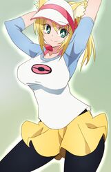  animal_ears black_pantyhose blonde_hair breasts character_request closed_mouth cosplay female highres long_hair looking_at_viewer oimanji pantyhose pokemon pokemon_bw2 rosa_(pokemon) rosa_(pokemon)_(cosplay) shorts simple_background smile solo visor_cap yellow_shorts 