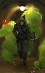  2020 anthro barefoot biped canid canine canis clothed clothing feet gas gas_mask green_eyes hedax hi_res male mammal mask mythological_canine mythological_creature mythology shelter solo underground were werecanid werecanine werewolf wolf 