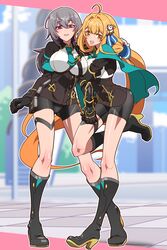  2girls :d absurdres ahoge alvitr_(honkai_impact) black_footwear black_gloves black_jacket black_shorts blonde_hair boots breasts brown_eyes commentary_request gloves grey_hair hair_between_eyes hair_intakes high_heel_boots high_heels highres honkai_(series) honkai_impact_3rd imtmcomics jacket knee_boots large_breasts long_hair long_sleeves looking_at_viewer multiple_girls red_eyes shirt short_shorts shorts smile standing standing_on_one_leg susannah_manatt susannah_manatt_(valkyrie_quicksand) very_long_hair white_shirt 