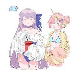  ... 2girls bikini blue_bikini blue_eyes blue_ribbon breasts closed_eyes closed_mouth collarbone cowboy_shot cropped_legs cup detached_sleeves dot_nose double_bun drooling fate/grand_order fate_(series) food frankenstein&#039;s_monster_(fate) frankenstein&#039;s_monster_(swimsuit_saber)_(fate) hair_bun hair_ornament hair_over_one_eye hair_ribbon highres holding holding_cup horns long_hair mechanical_horns meltryllis_(fate) meltryllis_(swimsuit_lancer)_(fate) multiple_girls navel one-piece_swimsuit oneroom-disco pink_hair pocky purple_one-piece_swimsuit ribbon simple_background single_detached_sleeve single_horn small_breasts speech_bubble spoken_ellipsis strapless_one-piece_swimsuit swimsuit very_long_hair white_background 