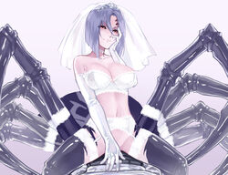  arachne arthropod_girl bare_shoulders bra breasts bridal_lingerie bridal_veil cleavage closed_mouth collarbone commentary convenient_censoring covering_crotch covering_privates elbow_gloves extra_eyes extra_legs female gloves grey_hair hair_between_eyes hand_on_own_cheek hand_on_own_face jewelry large_breasts lingerie looking_at_viewer monster_girl monster_musume_no_iru_nichijou navel rachnera_arachnera red_eyes ring short_hair simple_background spider_girl taur tiara underwear veil wedding_ring white_gloves zakirsiz 