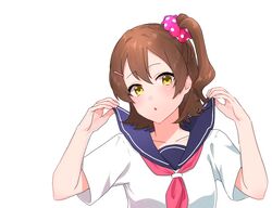  adjusting_clothes bad_id bad_twitter_id blue_sailor_collar blush brown_hair female hair_ornament hair_scrunchie highres idolmaster idolmaster_million_live! kasuga_mirai looking_at_viewer neckerchief one_side_up open_mouth pink_neckerchief sailor_collar sailor_shirt school_uniform scrunchie shirt short_hair short_sleeves solo tutimaru0730 upper_body white_shirt yellow_eyes 