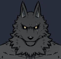  amber_eyes angry anthro canid canine canis dynogreeno fur furrowed_brow grey_body grey_fur hi_res male mammal messy_fur scar simple_background solo wolf 