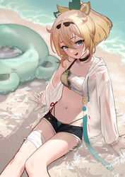  :d adapted_costume aqua_eyes arimoto_wataru beach bikini blonde_hair breasts chest_sarashi choker denim denim_shorts female hair_between_eyes hairband highres hololive hood hoodie innertube jacket jacket_partially_removed kazama_iroha kazama_iroha_(1st_costume) medium_hair navel open_mouth outdoors partially_submerged ponytail sand sarashi see-through short_shorts shorts sitting small_breasts smile solo stomach swim_ring swimsuit virtual_youtuber water wet_jacket 