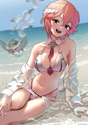  :d absurdres arimoto_wataru beach between_breasts bikini bird blue_eyes breasts cleavage feet_out_of_frame female ganmo_(takane_lui) head_wings highres hololive jacket jacket_partially_removed looking_at_viewer medium_breasts navel necktie necktie_between_breasts open_mouth outdoors owl partially_submerged pink_hair red_necktie seagull see-through short_hair sitting smile solo stomach swimsuit takane_lui virtual_youtuber water wings 