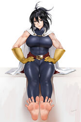  artist_name barefoot black_hair blue_bodysuit bodysuit boku_no_hero_academia breasts cape covered_abs covered_navel easonx english_commentary feet feet_up female foot_focus full_body gloves hair_between_eyes hands_on_own_hips highres large_breasts legs long_hair looking_at_viewer mature_female mixed-language_commentary mole mole_under_mouth muscular muscular_female presenting_foot shimura_nana sitting sleeveless sleeveless_bodysuit smile soles solo spread_toes taut_bodysuit toes white_background white_cape yellow_gloves 