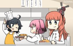  3girls ahoge alternate_costume apron black_hair blunt_bangs braid chef_hat clothes_writing colored_tips commentary_request curly_hair dated de_ruyter_(kancolle) food g_gundam green_eyes gundam hair_ornament hamu_koutarou hat highres kantai_collection kunashiri_(kancolle) long_hair matsukaze_(kancolle) multicolored_hair multiple_girls nether_gundam one-hour_drawing_challenge one_eye_closed orange_eyes pink_hair red_hair short_hair side_braid sweater swept_bangs table toque_blanche translated two_side_up upper_body wavy_hair white_sweater yellow_apron 