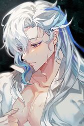  1boy :| alternate_costume blue_eyeliner closed_mouth crying crying_with_eyes_open english_commentary eyeliner genshin_impact highres makeup male_focus mayu_mey multicolored_hair neuvillette_(genshin_impact) open_clothes open_shirt pectorals shirt solo streaked_hair tears upper_body white_hair white_shirt 