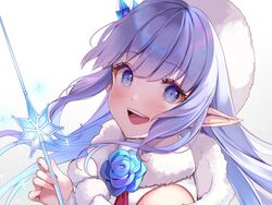  aoi_(kirabosi105) blue_eyes blue_hair blush crystal_hair_ornament elf female flower fur_trim granblue_fantasy lily_(granblue_fantasy) long_hair official_alternate_costume pointy_ears post_guild_war_celebration rose smile solo wand 