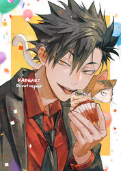  1boy artist_name balloon black_hair black_jacket black_necktie collared_shirt commentary confetti cupcake eyebrows_hidden_by_hair feline food haikyuu!! hair_between_eyes holding holding_food jacket kadeart kozume_kenma kuroo_tetsurou looking_at_viewer loose_necktie lower_teeth_only male_focus necktie open_mouth parted_bangs red_shirt shirt short_hair symbol-only_commentary tabby_cat teeth tongue tongue_out upper_body upper_teeth_only yellow_eyes 