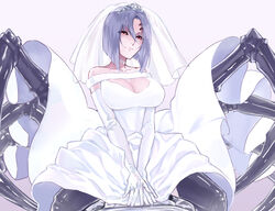  arachne arthropod_girl bare_shoulders breasts bridal_veil cleavage closed_mouth collarbone commentary dress elbow_gloves extra_eyes extra_legs female gloves grey_hair hair_between_eyes jewelry large_breasts looking_at_viewer monster_girl monster_musume_no_iru_nichijou rachnera_arachnera red_eyes ring short_hair simple_background spider_girl taur tiara veil wedding_dress wedding_ring white_dress white_gloves zakirsiz 