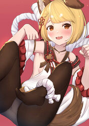  animal_ear_fluff animal_ears bare_shoulders black_pantyhose blonde_hair blush braid breasts brown_eyes collarbone commentary_request detached_sleeves dog_ears dog_girl dog_tail erune eyebrows_hidden_by_hair female granblue_fantasy hair_ornament hands_up highres knees_up looking_at_viewer no_shoes oerba_yun_fang open_mouth panties panties_under_pantyhose pantyhose red_background rope shimenawa short_sleeves small_breasts solo sweat tail underwear uneg vajra_(granblue_fantasy) wavy_mouth white_sleeves wide_sleeves 