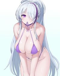  asamura_hiori azur_lane bare_shoulders bikini bikini_in_mouth breasts choker cleavage clothes_in_mouth collarbone female hair_over_one_eye highres large_breasts leaning_forward long_hair multicolored_hair navel o-ring o-ring_bikini official_alternate_costume purple_bikini purple_choker purple_hair sidelocks solo streaked_hair swimsuit undone_bikini unzen_(azur_lane) unzen_(sojourn_through_clear_seas)_(azur_lane) very_long_hair white_hair 