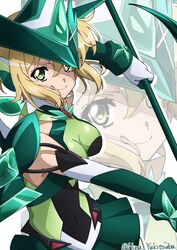  :d akatsuki_kirika blonde_hair breasts covered_navel elbow_gloves female gloves green_eyes green_leotard green_skirt headgear highres leotard looking_at_viewer medium_breasts scythe senki_zesshou_symphogear shiny_skin short_hair skirt smile solo symphogear_pendant tongue tongue_out twitter_username yukitsuba_hina 