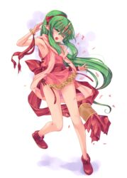  armpits bow bracelet dress female fire_emblem fire_emblem:_mystery_of_the_emblem green_eyes green_hair hairbow jewelry kirishima_satoshi long_hair one_eye_closed pink_dress pointy_ears ponytail short_dress side_slit sleeveless solo tiki_(fire_emblem) tiki_(young)_(fire_emblem) very_long_hair 