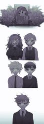  4boys :d aged_down aubrey_(faraway)_(omori) aubrey_(omori) bags_under_eyes basil_(faraway)_(omori) basil_(omori) black_dress black_eyes black_necktie black_ribbon black_vest blonde_hair closed_eyes collared_shirt commentary crying crying_with_eyes_open dress empty_eyes female flower furrowed_brow grin half-closed_eyes hero_(faraway)_(omori) hero_(omori) highres kel_(faraway)_(omori) kel_(omori) lily_(flower) long_hair looking_at_viewer mari_(faraway)_(omori) mari_(omori) monochrome multiple_boys neck_ribbon necktie omori open_mouth photo_(object) portrait_(object) ribbon sad shirt short_hair simple_background smile spoilers sunny_(omori) symbol-only_commentary tears thxzmgn upper_body vest white_background 