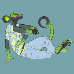  1:1 2020 4_arms anthro bared_teeth claws clothing green_body green_claws green_nipples green_skin groooviegecko hi_res interlocked_fingers long_body lying male mammal monster multi_arm multi_limb multi_nipple multifur murid murine nipples propped_up rat rodent shirt sitting_up solo stretching_arms t-shirt teeth topwear white_eyes 