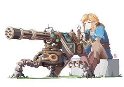  1boy ancient_set_(zelda) automatic_giraffe black_gloves blonde_hair blue_eyes blue_shirt brown_pants champion&#039;s_tunic_(zelda) closed_mouth commentary english_commentary fingerless_gloves from_side gatling_gun gloves guardian_(zelda) gun link male_focus pants pointy_ears shirt short_ponytail sitting smile solo the_legend_of_zelda the_legend_of_zelda:_breath_of_the_wild tripod weapon white_background 