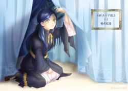  black_dress blue_flower blue_hair blurry blurry_background brown_footwear closed_mouth commentary_request curtains dress female flower hair_flower hair_ornament honzuki_no_gekokujou jewelry kneeling long_dress long_hair long_sleeves momorisu4 myne_(honzuki_no_gekokujou) neck_ribbon parted_bangs ribbon ring solo twitter_username yellow_eyes yellow_ribbon 