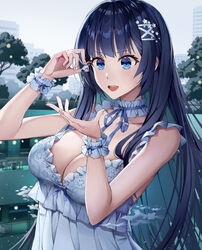  1boy :d apple_(luffy123) black_hair blue_eyes blue_ribbon breasts cleavage collarbone dress empire_waist female flower giant giantess hair_flower hair_ornament high-waist_dress holding_person korean_commentary large_breasts long_hair open_mouth original outdoors revision ribbon size_difference sleeveless sleeveless_dress smile teeth tree upper_body upper_teeth_only white_dress x_hair_ornament 