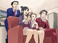  2boys 2girls :d ascot black_footwear black_hair blue_jacket blue_pants blue_suit blush book bookshelf brown_hair closed_mouth collared_shirt commentary_request couch crossed_legs cup drinking excited formal grey_hair gyakuten_saiban hair_bun hair_ornament hair_rings hand_to_own_mouth holding holding_cup indoors jacket japanese_clothes kimono leaning_forward long_hair long_sleeves magatama maya_fey miles_edgeworth multiple_boys multiple_girls naruhodou_ryuuichi necktie open_mouth pants pearl_fey pink_necktie purple_kimono red_jacket red_pants red_suit sawa_(2384) shirt shoes short_hair signature single_hair_bun sitting smile sparkle standing suit teeth upper_teeth_only watching_television white_ascot white_shirt 