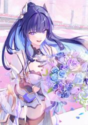  absurdres armor armored_dress armored_leotard black_hair blunt_bangs blurry bouquet breasts commentary_request cowboy_shot depth_of_field dress elbow_gauntlets female gradient_eyes hair_ornament hand_on_own_chest high_ponytail highres holding holding_bouquet honkai_(series) honkai_impact_3rd long_hair medium_breasts multicolored_eyes multicolored_hair purple_eyes raiden_mei raiden_mei_(herrscher_of_origin) roena sidelocks solo two-tone_hair very_long_hair white_armor white_dress 