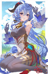  absurdres ahoge arm_up armpits bare_shoulders bell blue_gloves blue_hair blue_sky blush bodystocking breasts brown_pantyhose chinese_knot detached_sleeves dress female flower_knot ganyu_(genshin_impact) genshin_impact gloves gold_trim high_heels highres horns large_breasts long_hair looking_at_viewer neck_bell pantyhose parted_lips petals purple_eyes sidelocks sitting sky solo teffish thighlet thighs vision_(genshin_impact) wariza white_dress 