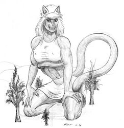  1996 abs anthro bent_legs black_and_white bottomwear clothing domestic_cat extended_arms fangs felid feline felis female fur furgonomics hair hands_on_legs hands_on_own_legs hands_on_own_thighs hands_on_thighs holding_both_legs holding_both_thighs kneeling kolt leaning_on_self low_res macro mammal midriff monochrome muscular muscular_anthro muscular_female nipple_outline plant short_hair skirt solo spread_knees tail tail_through_skirt teeth topwear traditional_media_(artwork) tree 